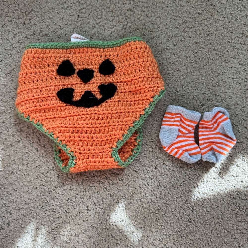 Orange Pumpkin Knit Diaper Cover and Socks Set
